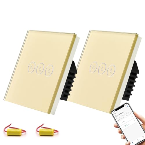 BSEED Smart Lichtschalter,3 Fach 2 Wege Smart Lichtschalter arbeitet mit Alexa und Google Home,Glas Touchscreen Schalter mit Smart Life APP Steuerung Gold(NO neutraler Draht) 2 Stück von BSEED