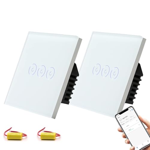BSEED Smart Lichtschalter,3 Fach 2 Wege Smart Lichtschalter arbeitet mit Alexa und Google Home,Glas Touchscreen Schalter mit Smart Life APP Steuerung Weiß(NO neutraler Draht) 2 Stück von BSEED