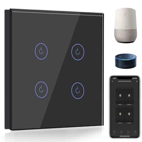 BSEED Smart Lichtschalter 4 Fach 1 Weg Wifi Smart Lichtschalter arbeitet mit Amazon Alexa and Google Home,Touch Wandschalte Glas Touchscreen-schalter Schwarz(Erforderlich NeutralDraht) von BSEED