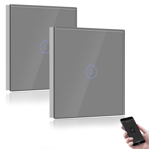 BSEED Smart Lichtschalter 1 Fach 2 Wege Wifi Smart Lichtschalter arbeitet mit Amazon Alexa and Google Home,Glas Touchscreen-schalter Grau-2 Pack(Nullleiter erforderlich) von BSEED