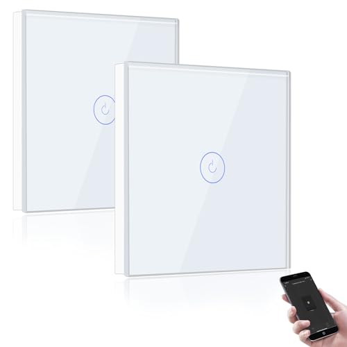 BSEED Smart Lichtschalter 1 Fach 2 Wege Wifi Smart Lichtschalter arbeitet mit Amazon Alexa and Google Home,Glas Touchscreen-schalter Weiß-2 Pack(Erforderlich NeutralDraht) von BSEED