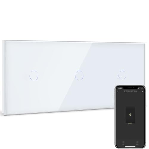 BSEED Smart Lichtschalter 1 Fach 2 Wege Dreifach WiFi Smart Lichtschalter arbeitet mit Amazon Alexa and Google Home,Lichtschalter Glas Touchscreen-Schalter Weiß(Erforderlich Neutral Draht) 228mm von BSEED