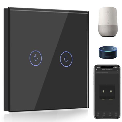 BSEED Smart Lichtschalter 2 Fach 1 Weg Wifi Smart Lichtschalter arbeitet mit Amazon Alexa and Google Home,Touch Wandschalte Glas Touchscreen-schalter Schwarz(Erforderlich NeutralDraht) von BSEED