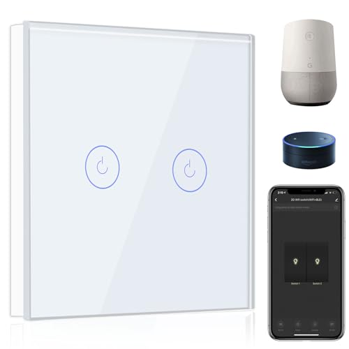 BSEED Smart Lichtschalter 2 Fach 1 Weg Wifi Smart Lichtschalter arbeitet mit Amazon Alexa and Google Home,Touch Wandschalte Glas Touchscreen-schalter Weiß(Erforderlich NeutralDraht) von BSEED