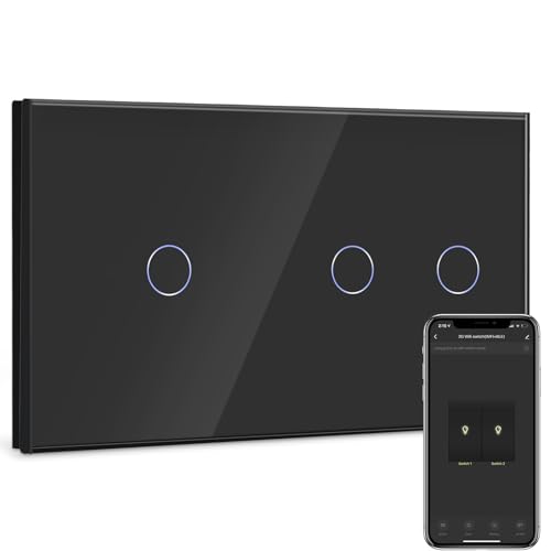 BSEED Smart Lichtschalter 2 Fach 2 Wege +1 Fach 2 Wege Wifi Smart Lichtschalter arbeitet mit Amazon Alexa and Google Home,Glas Touchscreen-schalter Schwarz(Erforderlich Neutral Draht)157mm von BSEED