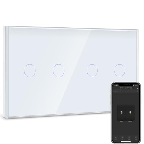 BSEED Smart Lichtschalter 2 Fach 2 Wege +2 Fach 2 Wege Wifi Smart Lichtschalter arbeitet mit Amazon Alexa and Google Home,Glas Touchscreen-schalter Weiß(Erforderlich Neutral Draht)157mm von BSEED