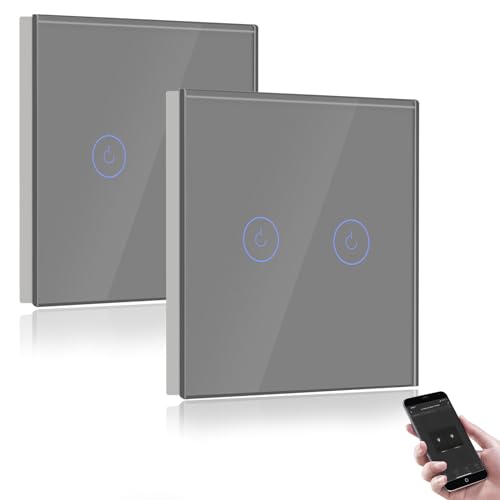 BSEED Smart Lichtschalter 2 Fach 2 Wege Wifi Smart Lichtschalter arbeitet mit Amazon Alexa and Google Home,Glas Touchscreen-schalter Grau-2 Pack(Nullleiter erforderlich) von BSEED