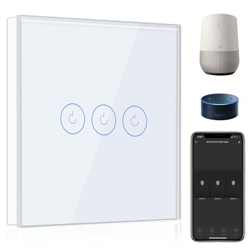 BSEED Smart Lichtschalter 3 Fach 1 Weg Wifi Smart Lichtschalter arbeitet mit Amazon Alexa and Google Home,Touch Wandschalte Glas Touchscreen-schalter Weiß(Erforderlich NeutralDraht) von BSEED