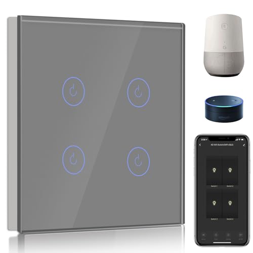 BSEED Smart Lichtschalter 4 Fach 1 Weg Wifi Smart Lichtschalter arbeitet mit Amazon Alexa and Google Home,Touch Wandschalte Glas Touchscreen-schalter Gold(Erforderlich NeutralDraht) von BSEED