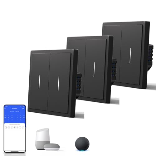 BSEED Smart Lichtschalter Matt, Wlan Schalter mit Kontrollleuchte, Wechselschalter Unterputz, S-Serie, 2 Fach 1 Weg, 86mm Schwarz 3 Pack von BSEED