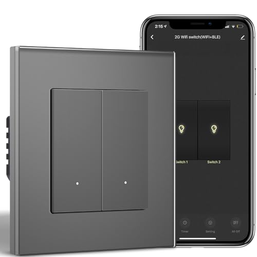 BSEED Smart Lichtschalter Unterputz mit Glasfläche 2 Fach 1 Weg, WiFi Taste Schalter kompatibel mit Alexa/Google Home, Intelligente Wandschalter arbeitet mit Smart Life/Tuya App, Grau von BSEED