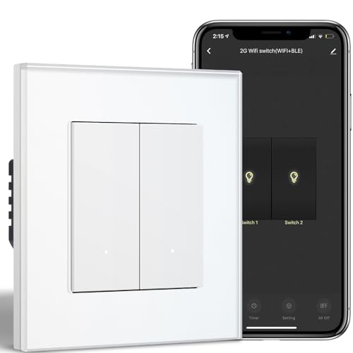 BSEED Smart Lichtschalter Unterputz mit Glasfläche 2 Fach 1 Weg, WiFi Taste Schalter kompatibel mit Alexa/Google Home, Intelligente Wandschalter arbeitet mit Smart Life/Tuya App, Weiß von BSEED