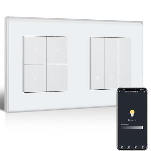 BSEED Smart Lichtschalter mit WiFi Dimmer Schalter,LED Dimmschalter Unterputz,Kompatibel mit Amazon Alexa&Google Home,Smarte Zeitpläne,4 Fach 1 Weg Wlan Wandschalter Weiß(Neutralleiter Erforderlich) von BSEED