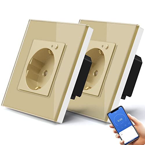 BSEED Smart Schuko Steckdose Unterputz mit Energieüberwachung, 2 Pack 16A Wlan Glassteckdose Stromverbrauch messen, APP-Steuerung Arbeit mit Alexa/Google Home, Zeitpläne, Timer, Nur 2.4GHz WiFi Gold von BSEED