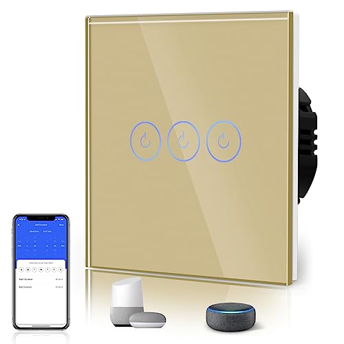 BSEED-Smart-WiFi-Berührungssensorschalter (Neutrale Leitung benötigt) Alexa und Google Home Work mit Tuya Für Office Decoration Kristall Glas Platte-Wandlichtschaltern 3 Fach 1 Wag Gold von BSEED