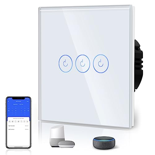 BSEED-Smart-WiFi-Berührungssensorschalter (Neutrale Leitung benötigt) Alexa und Google Home Work mit Tuya Für Office Decoration Kristall Glas Platte-Wandlichtschaltern 3 Fach 1 Wag Weiß von BSEED