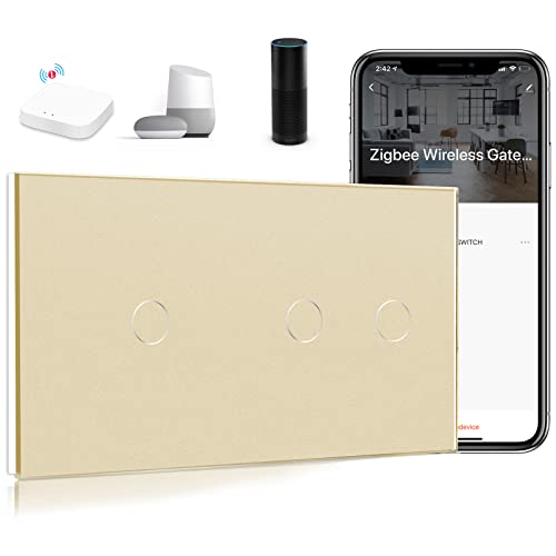 BSEED Smart ZigBee Doppelt Lichtschalter,WiFi Touch Wandlichtschalter,Support Alexa,1 Fach und 2 Fach 1 Weg Tuya/Google-kompatible Glas (ZigBee Hub Erforderlich,Kein neutraler) Gold von BSEED