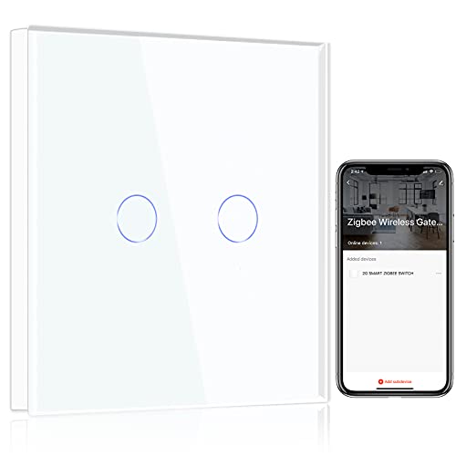 BSEED Smart ZigBee Lichtschalter, intelligenter Wandschalter Kompatibel mit Alexa und Google Home, 2 fach 1 Weg Unterputz Schalter mit Glaspanel 250V Weiß (Hub erforderlich) von BSEED