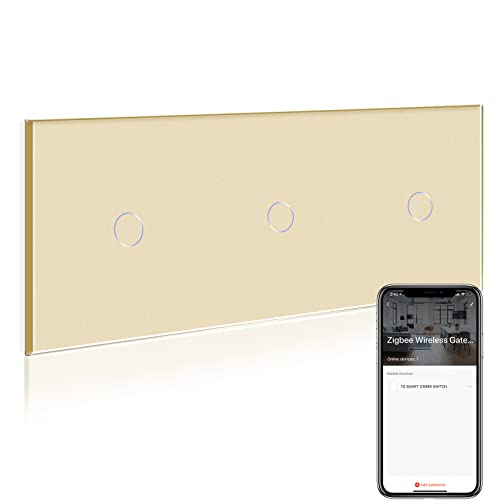 BSEED Smart ZigBee Lichtschalter, intelligenter Wandschalter Kompatibel mit Alexa und Google Home, Tripel 1 fach 1 Weg Unterputz Schalter mit Glaspanel 250V Gold (Hub erforderlich) von BSEED