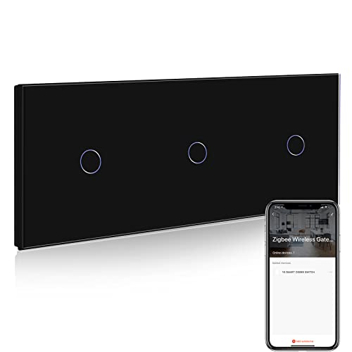 BSEED Smart ZigBee Lichtschalter, intelligenter Wandschalter Kompatibel mit Alexa und Google Home, Tripel 1 fach 1 Weg Unterputz Schalter mit Glaspanel 250V Schwarz (Hub erforderlich) von BSEED