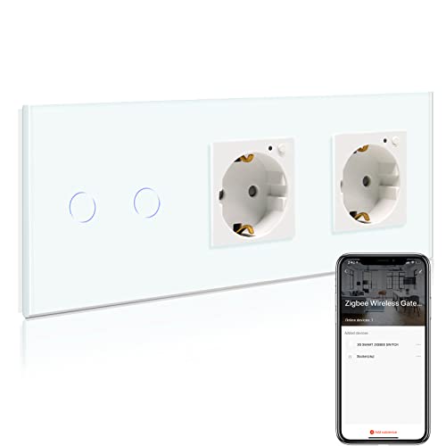 BSEED Smart ZigBee Lichtschalter mit doppelte Steckdose, arbeitet mit Alexa und Google Home, 2 fach 1 Weg Schalter mit zwei Steckdose 250V Weiß(Tuya ZigBee Hub erforderlich) von BSEED