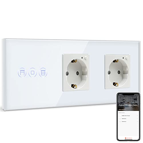 BSEED Smart ZigBee Rolladen Schalter mit doppelte Steckdose, intelligenter Rolladen Unterputz Wandschalter und Steckdose arbeitet mit Alexa und Google Home Weiß(Tuya ZigBee Hub erforderlich) von BSEED