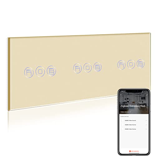 BSEED Smart ZigBee Rolladenschalter, intelligenter Tripel Rolladenschalter mit Glas Touch Panel arbeitet mit Smart Life/Tuya APP, Kompatibel mit Alexa und Google Home Golden (Hub erforderlich) von BSEED
