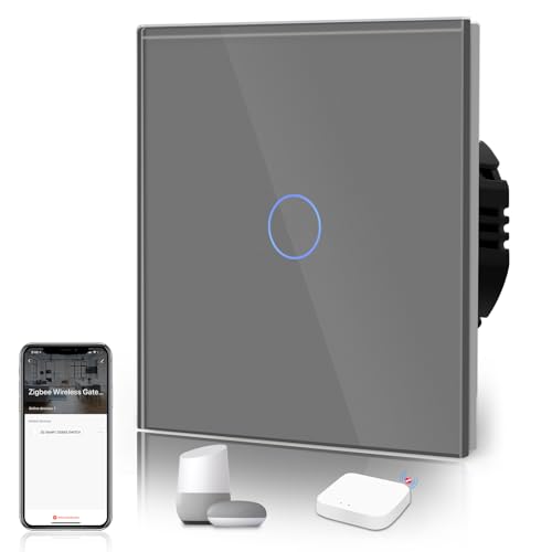 BSEED Smart ZigBee Schalter Unterputz Lichtschalter WiFi Berührungssensor Glas 2.4GHz Single Live Wandschalter (Hub Erforderlich) Kompatibel mit Alexa/Google Home/Tuya/Smart Life 1 Fach 1 Weg Grau von BSEED