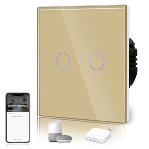 BSEED Smart ZigBee Schalter Unterputz Lichtschalter WiFi Berührungssensor Glas 2.4GHz Single Live Wandschalter (Hub Erforderlich) Kompatibel mit Alexa/Google Home/Tuya/Smart Life 2 Fach 1 Weg Gold von BSEED