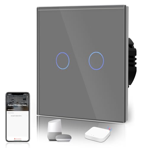 BSEED Smart ZigBee Schalter Unterputz Lichtschalter WiFi Berührungssensor Glas 2.4GHz Single Live Wandschalter (Hub Erforderlich) Kompatibel mit Alexa/Google Home/Tuya/Smart Life 2 Fach 1 Weg Grau von BSEED