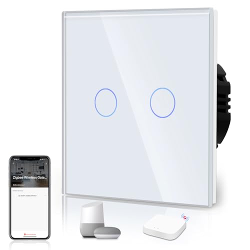 BSEED Smart ZigBee Schalter Unterputz Lichtschalter WiFi Berührungssensor Glas 2.4GHz Single Live Wandschalter (Hub Erforderlich) Kompatibel mit Alexa/Google Home/Tuya/Smart Life 2 Fach 1 Weg Weiß von BSEED