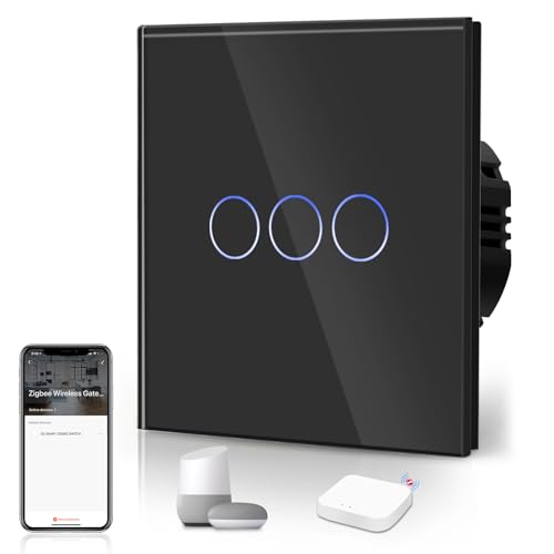 BSEED Smart ZigBee Schalter Unterputz Lichtschalter WiFi Berührungssensor Glas 2.4GHz Single Live Wandschalter (Hub Erforderlich) Kompatibel mit Alexa/Google Home/Tuya/Smart Life 3 Fach 1 Weg Schwarz von BSEED