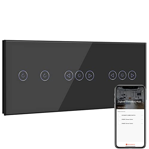 BSEED Smart ZigBee Single Live Lichtschalter 2 Fach mit Doppel ZigBee Dimmer Schalter,ZigBee Schalter,Wandschalter Lichtschalter Unterputz Glas arbeitet Smart Life/Tuya,Alexa Schwarz(Hub erforderlich) von BSEED