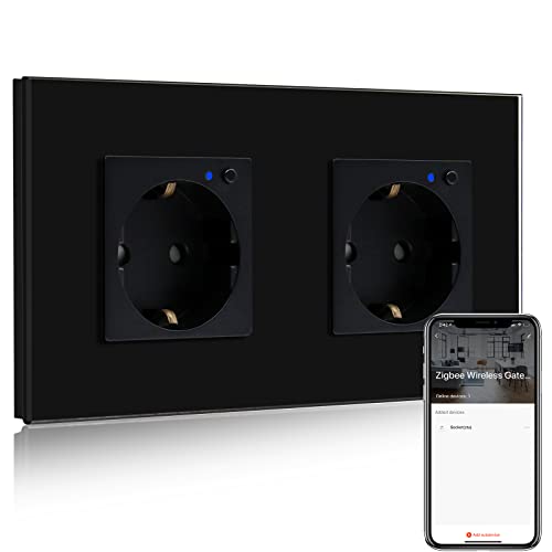BSEED Smart ZigBee Steckdose, ZigBee schaltbare Steckdose Alexa, arbeitet mit Amazon Alexa und Google Home,2 Fach intelligente Wandsteckdose mit Glaspanel Schwarz (Tuya ZigBee Hub erforderlich) von BSEED