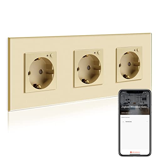 BSEED Smart ZigBee Steckdose, ZigBee schaltbare Steckdose Alexa, arbeitet mit Amazon Alexa und Google Home,3 Fach intelligente Wandsteckdose mit Glaspanel Golden (Tuya ZigBee Hub erforderlich) von BSEED