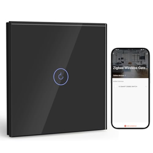 BSEED Smart ZigBee Unterputz Lichtschalter 1 Fach 1 Weg, intelligenter Wandschalter mit Alexa und Google Home, Touchscreen Schalter mit Glaspanel(Neutralleiter, Hub Gateway erforderlich) Schwarz von BSEED