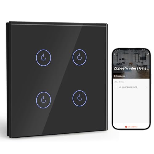 BSEED Smart ZigBee Unterputz Lichtschalter Schwarz 4 Fach 1 Weg, intelligenter Wandschalter mit Alexa und Google Home, Touchscreen Schalter mit Glaspanel(Neutralleiter, Hub Gateway erforderlich) von BSEED
