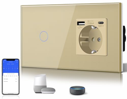 BSEED Standard Schuko Steckdose mit Lichtschalter Glasscheibe Smart Alexa Touch Switch mit 3 in 1 Steckdose mit 2.1 A USB Ladeleistung + Type C Adapter Aufladestation 1 Fach 1 Weg Lichtchalter Gold von BSEED