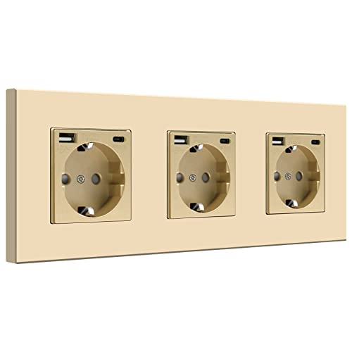BSEED Steckdose 3 Fach mit USB (Max. 2.1A) und Typ C, USB C Steckdose Unterputz, PC Panel Steckdosen Kindersicherung, Einbausteckdose, Wandsteckdose,Gold- 228mm von BSEED