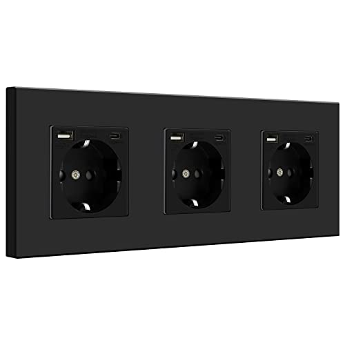 BSEED Steckdose 3 Fach mit USB (Max. 2.1A) und Typ C, USB C Steckdose Unterputz, PC Panel Steckdosen Kindersicherung, Einbausteckdose, Wandsteckdose,Schwarz- 228mm von BSEED