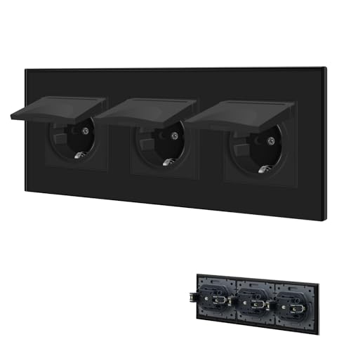 BSEED Steckdose 3 Fach mit Wasserdichter Abdeckung, Schuko Steckdose mit Steckklemme, Unterputz Steckdose mit Kristall Glas Platte, 3er Steckdose Unterputz 16Amp Wandsteckdose 228mm, Schwarz von BSEED