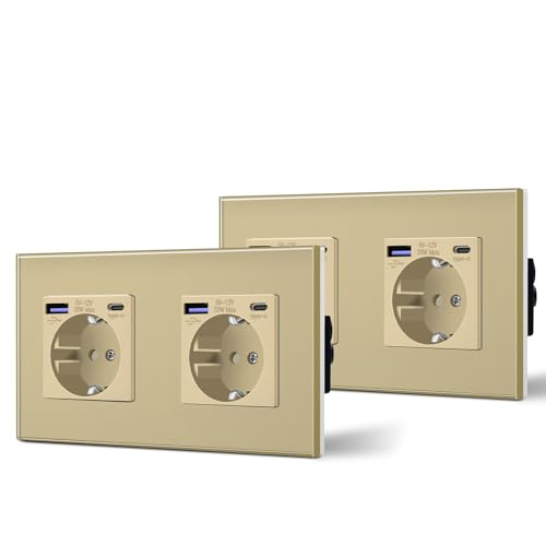 BSEED Steckdose Doppelt mit 20W USB & Typ C Schnellladegerät Glas 3 in 1 Unterputz Wandsteckdose Ladeleistung, Gold, 2 PACK von BSEED