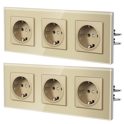 BSEED Steckdose aus Glas, EU-Standard Wandsteckdose mit Krallen, Einbausteckdose mit Kindersicherung, Einfach Montage, Neu E-Serie, 16A 250V,3 Fach-2 Pack,228mm Gold von BSEED