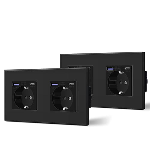 BSEED Steckdose aus Glas mit 20W USB C, Schnellladegerät Wandsteckdose, 3 in 1 Unterputz Steckdosen, Einfache Installation, 240V 16A, 157mm 2 Fach Schwarz, 2 Pack von BSEED