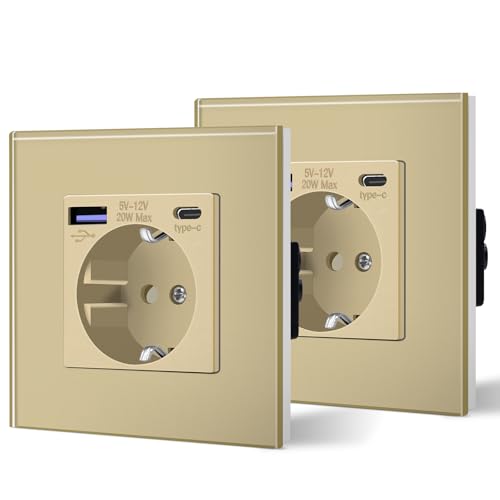 BSEED Steckdose aus Glas mit 20W USB C, Schnellladegerät Wandsteckdose, 3 in 1 Unterputz Steckdosen, Einfache Installation, 240V 16A, 86mm 1 Fach Gold, 2 Pack von BSEED