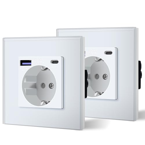 BSEED Steckdose mit 20W USB & Typ C Schnellladegerät Glas 3 in 1 Unterputz Wandsteckdose Ladeleistung, Weiß, 2 PACK von BSEED