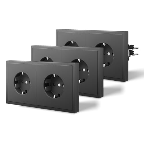 BSEED Steckdose mit Krallen, Matt Wandsteckdose Unterputz, Einbausteckdose mit Kindersicherung, Nur Horizontale Montage, C-Serie,2 Fach-3 Pack,150mm Grau von BSEED