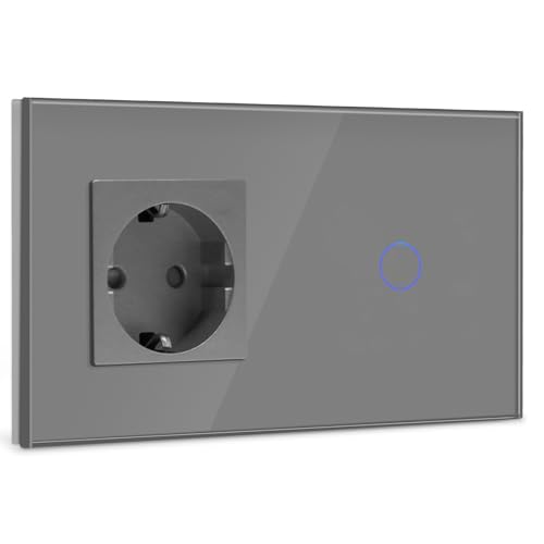 BSEED Steckdose mit Lichtschalter,Glas Touch Lichtschalter Unterputz Schalter,Schuko Steckdose mit 1 Fach 2 Wege Wandschalter Grau(Nicht Smart Schalter) von BSEED