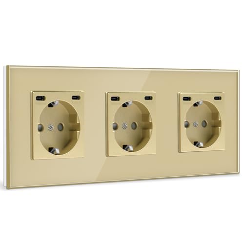 BSEED Steckdose mit USB C(5 V 2.1A),Unterputz Steckdose (Typ C und Typ C),16A 250V 3 Fach Wandsteckdose,2*USB C Einbausteckdose Geeignet für Phone,Pad-228mm*86mm,Gold von BSEED