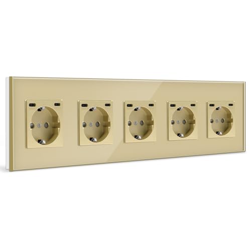 BSEED Steckdose mit USB C(5 V 2.1A),Unterputz Steckdose (Typ C und Typ C),16A 250V 5 Fach Wandsteckdose,2*USB C Einbausteckdose Geeignet für Phone,Pad-370mm*86mm,Gold von BSEED